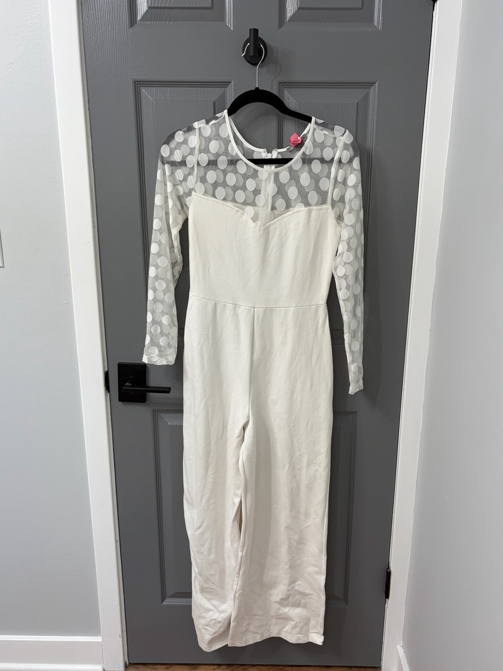 White Long-Sleeve Polka Dot Mesh Jumpsuit